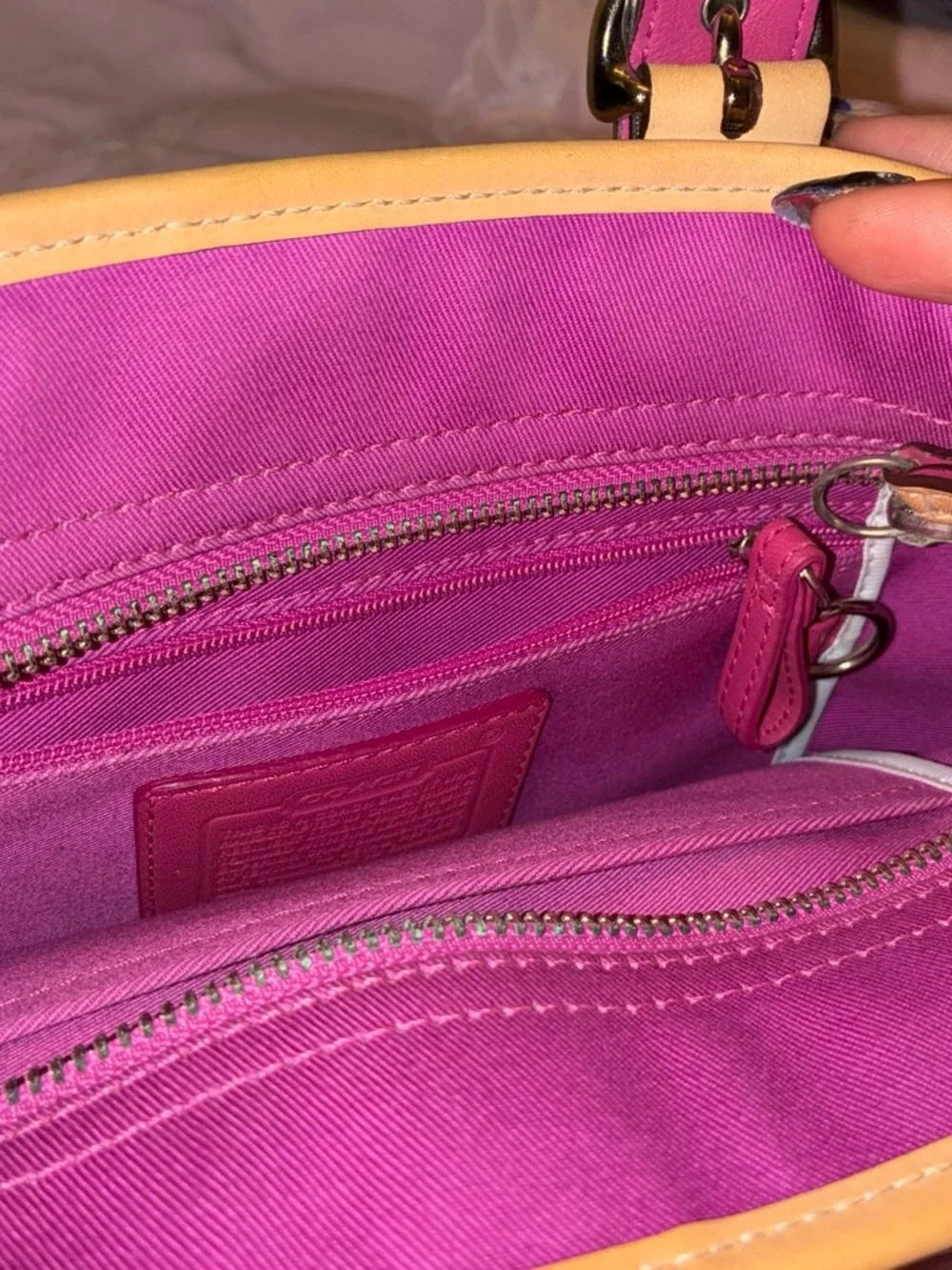 Coach Pink and White Tote with Tan Leather Handles